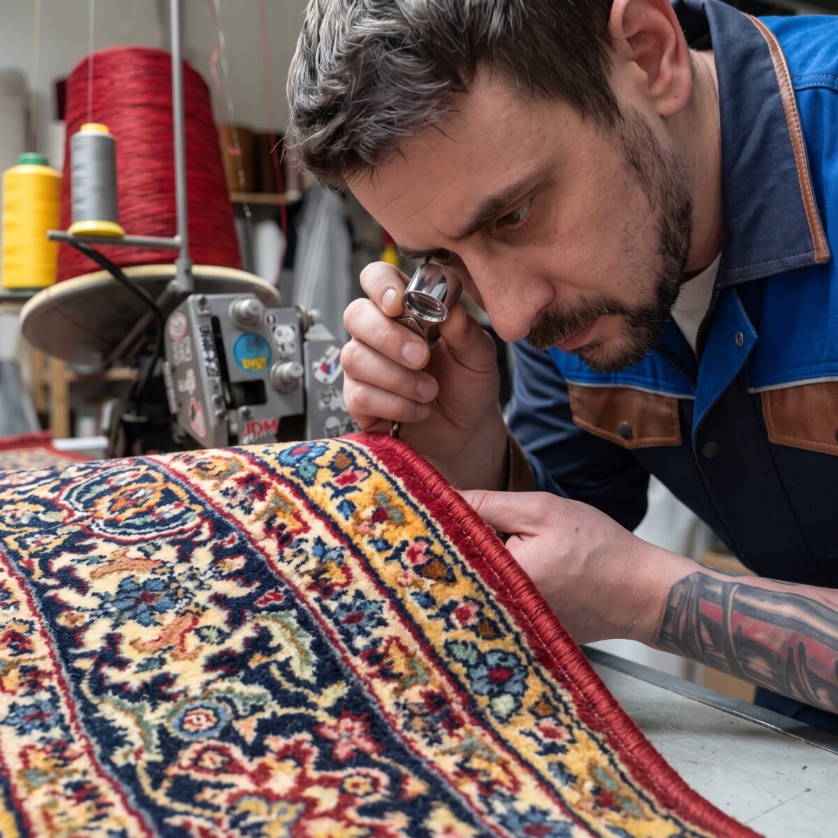 Проверка края ковра через увеличительное стекло