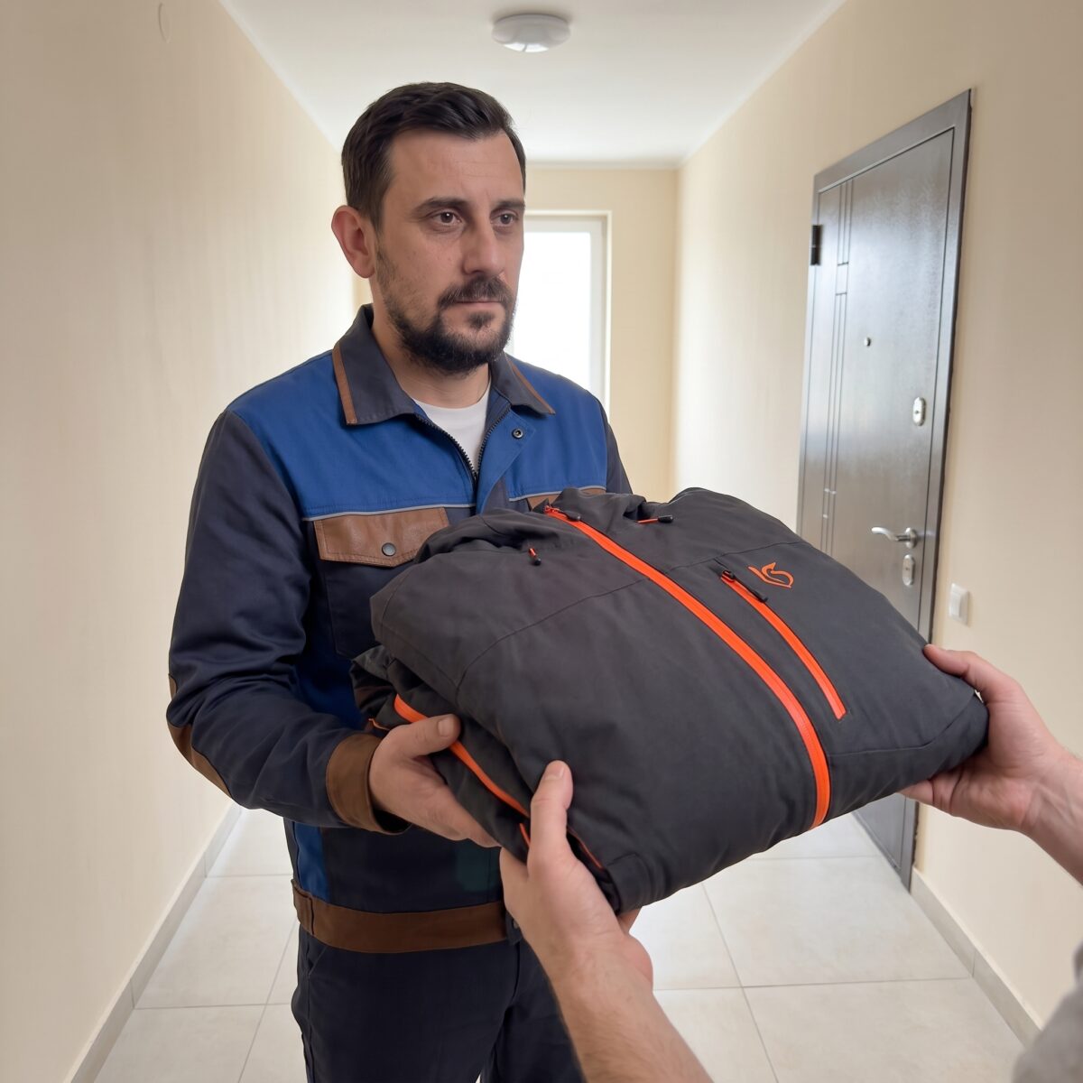 Передача спортивного костюма курьеру у двери